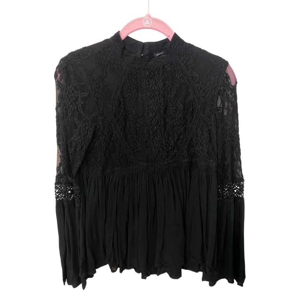 Black Bell Sleeve Top Size XXS Lace Crochet Mesh Gauze Stevie Nicks Whimsigoth